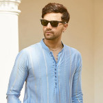 Men Full Sleeve Turquoise Blue Chanderi Silk Sequins Cotton Mandarin Collar