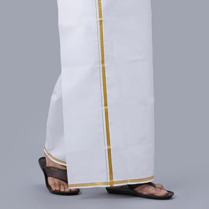 Men Layer White Dhoti With Gold Jari Border