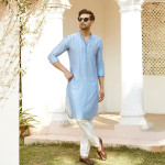 Men Full Sleeve Turquoise Blue Chanderi Silk Sequins Cotton Mandarin Collar