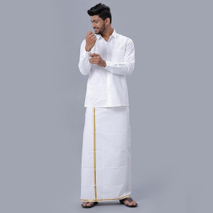 Men Layer White Dhoti With Gold Jari Border