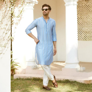 Men Full Sleeve Turquoise Blue Chanderi Silk Sequins Cotton Mandarin Collar