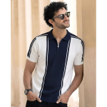 Men's Classic Polo T-Shirt | Zip Collar | Half Sleeves | Two-Tone Stripe Panel | Regular Fit