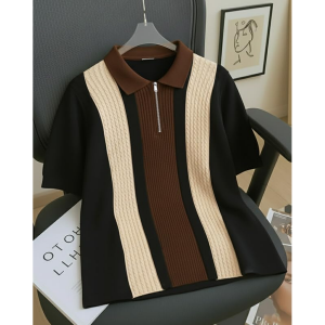Men's Retro Cable-Knit Quarter-Zip Polo | Premium Textured Self-Design Half Sleeve T-Shirt for Men