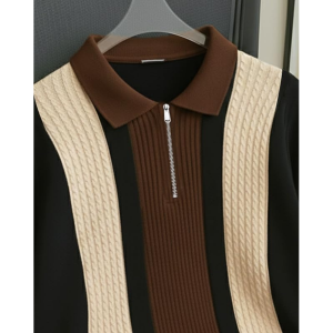 Men's Retro Cable-Knit Quarter-Zip Polo | Premium Textured Self-Design Half Sleeve T-Shirt for Men