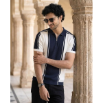 Men's Classic Polo T-Shirt | Zip Collar | Half Sleeves | Two-Tone Stripe Panel | Regular Fit