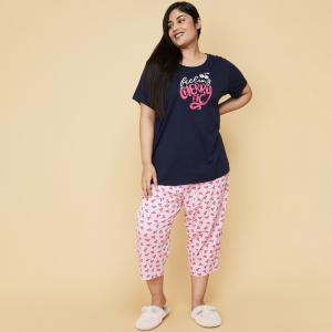 Women Plus Size Navy Blue & Pink Printed Pure Cotton Night suit