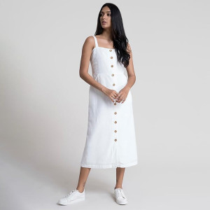 White Solid Button-Down A-Line Midi Dress