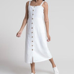 White Solid Button-Down A-Line Midi Dress